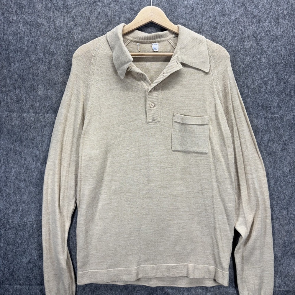 True Vintage 70s Johnny Collar Polo Shirt Knit Long Sleeve Tan USA Mod Madmen